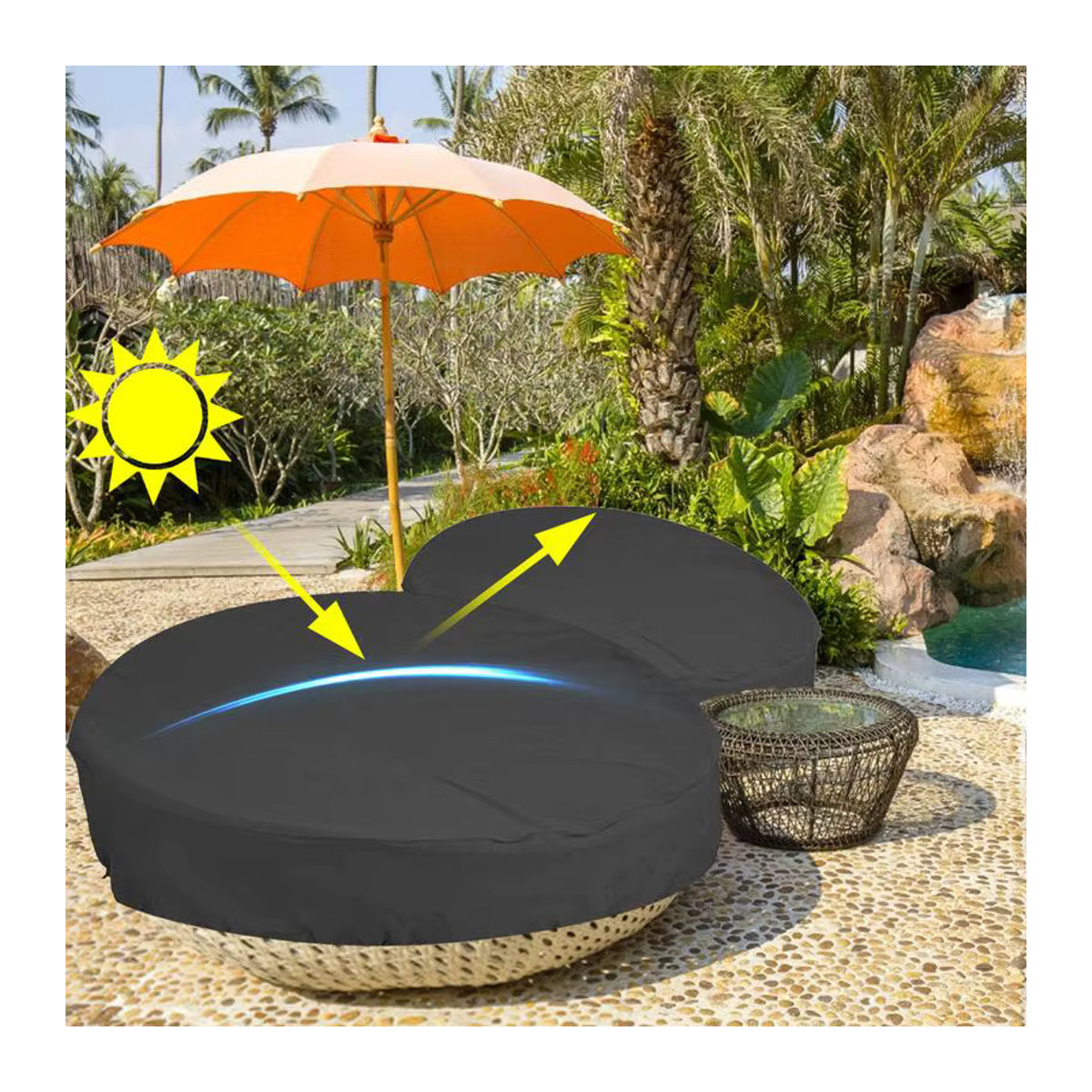 Wasserdichte runde Tagesbettabdeckung von waasoscon in Anthrazit zum Schutz vor Regen, Schnee und UV-Strahlung für Gartenmöbel und Sofas - Bild 3