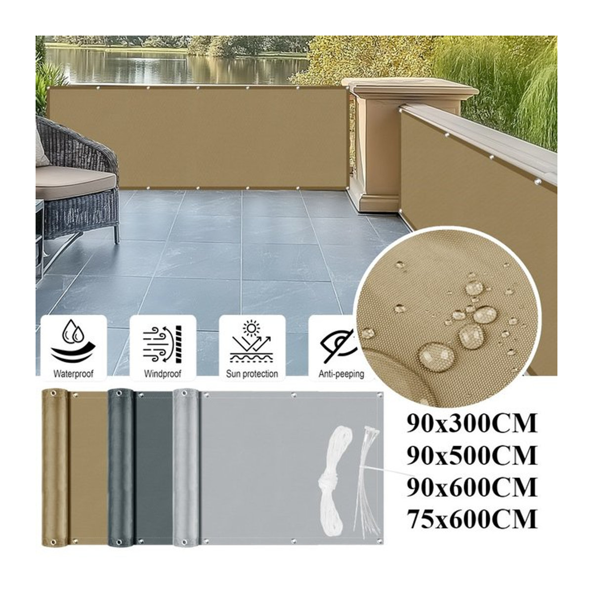 Wasserdichte Sichtschutzabdeckung für den Balkon als Schirmtuch und Decksegel mit UV-Schutz in Beige oder Grau, B/H: 300 x 300 cm - Bild 1