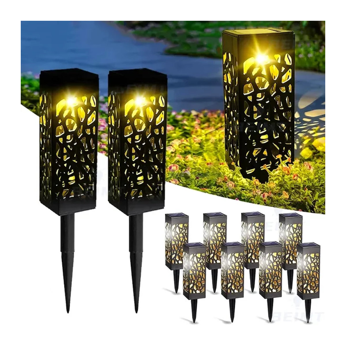 Wasserdichte Solar LED Wegeleuchte in Schwarz mit Retro-Design für die Garten Dekoration und Projektion im Außenbereich - Bild 1