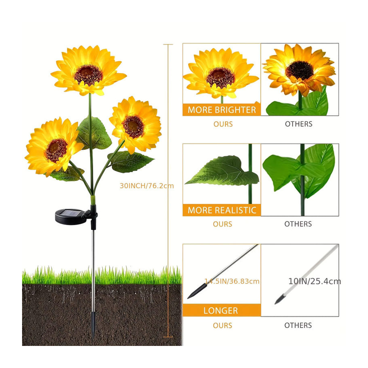 Wasserdichte Solar-Sonnenblumen-Gartenleuchte mit warmweißem LED-Licht in Gelb und Weiß zur Dekoration von Garten, Terrasse und Rasen - Bild 4