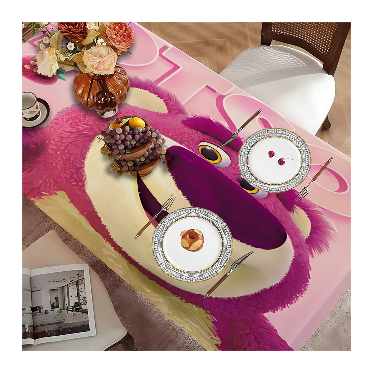 Wasserdichte Tischdecke Potdemiel mit Lotso Bär Motiv in Rosa für Küche und Hochzeit - Bild 2