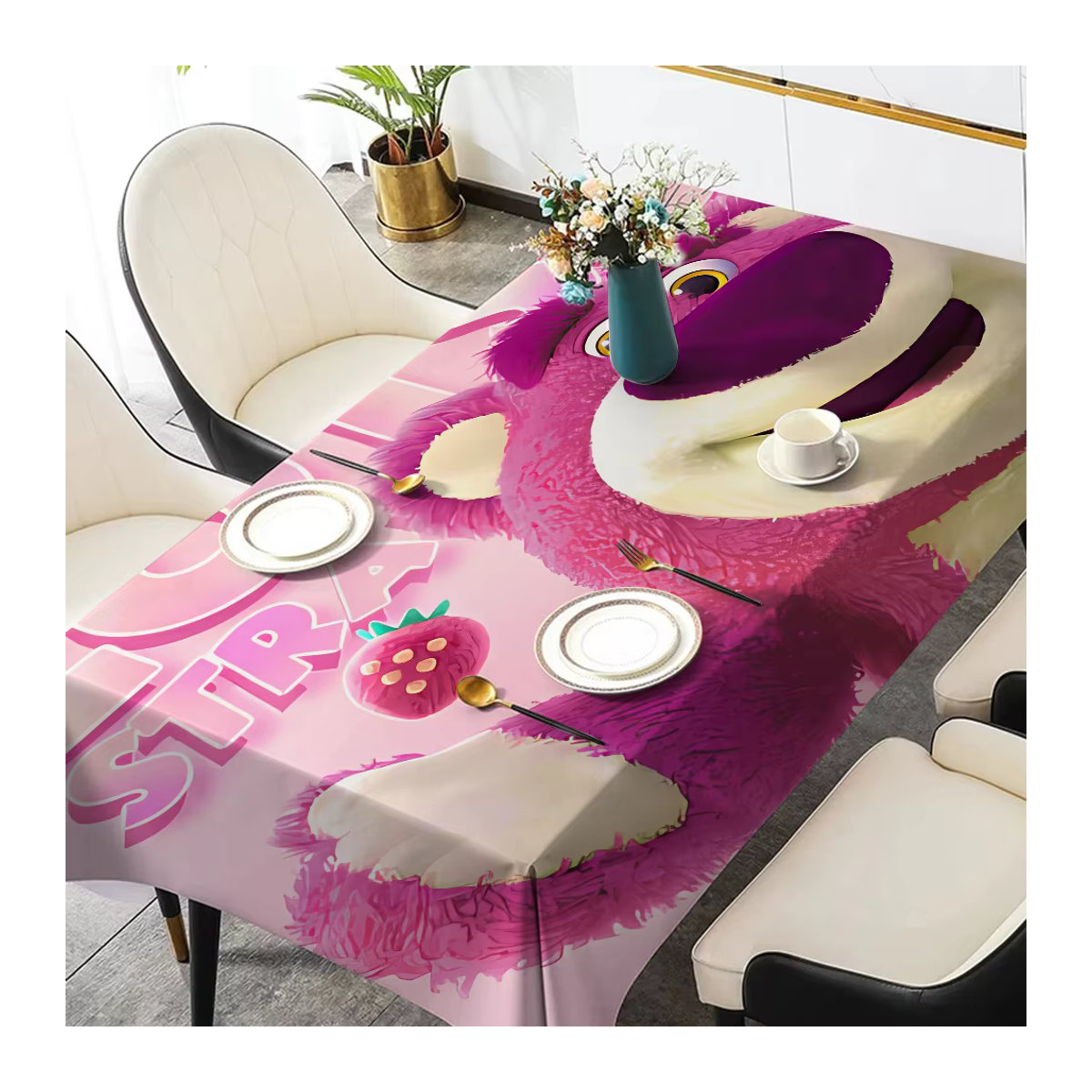 Wasserdichte Tischdecke Potdemiel mit Lotso Bär Motiv in Rosa für Küche und Hochzeit - Bild 4