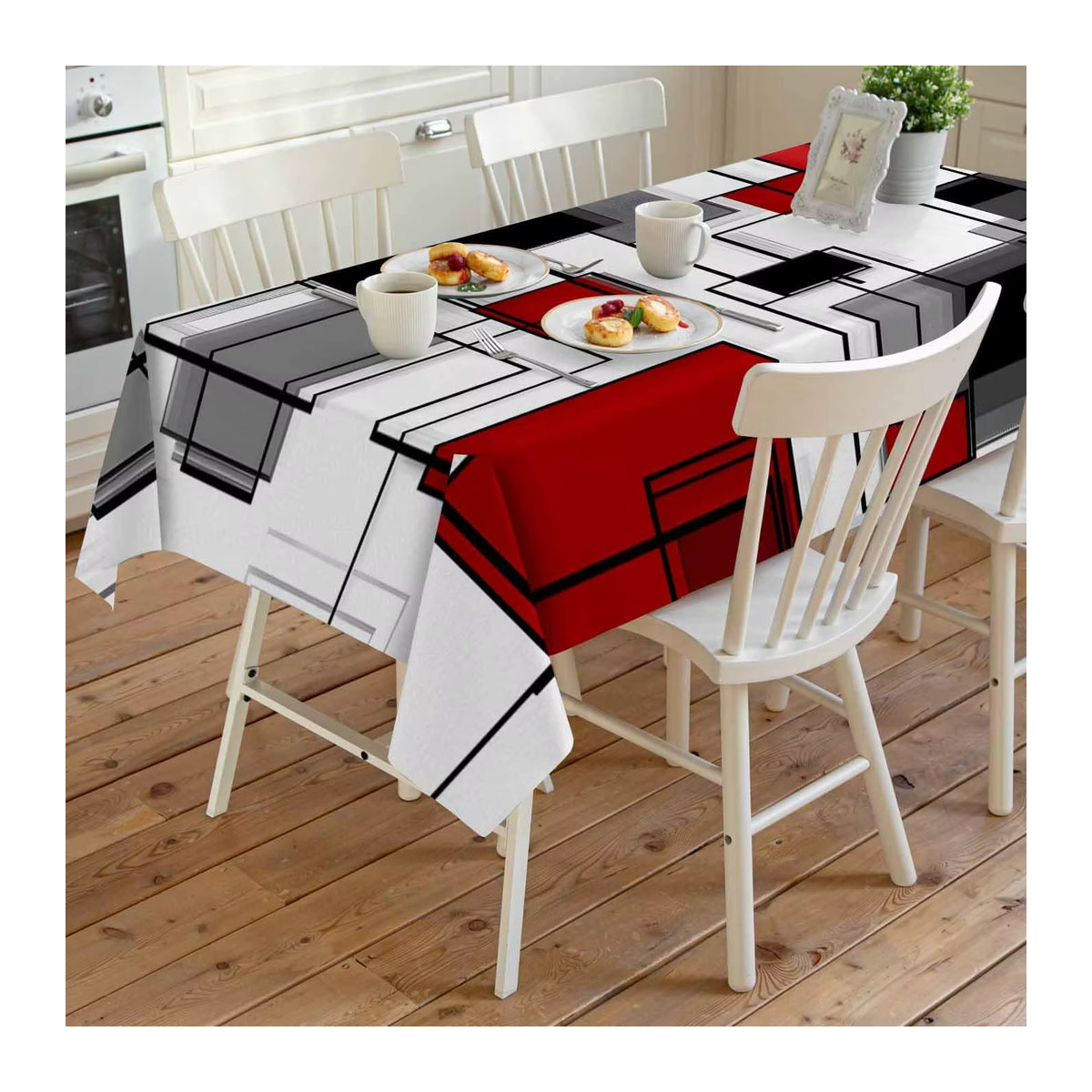 Wasserdichte und wiederverwendbare rechteckige Tischdecke in Farbblock-Design, Schwarz Grau Weiß - Bild 4