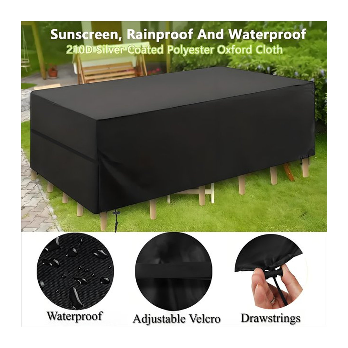 Wasserdichte und winddichte Gartenmöbelabdeckung aus 210D Oxford-Stoff mit UV-Schutz für deinen Gartentisch in Schwarz - Bild 1