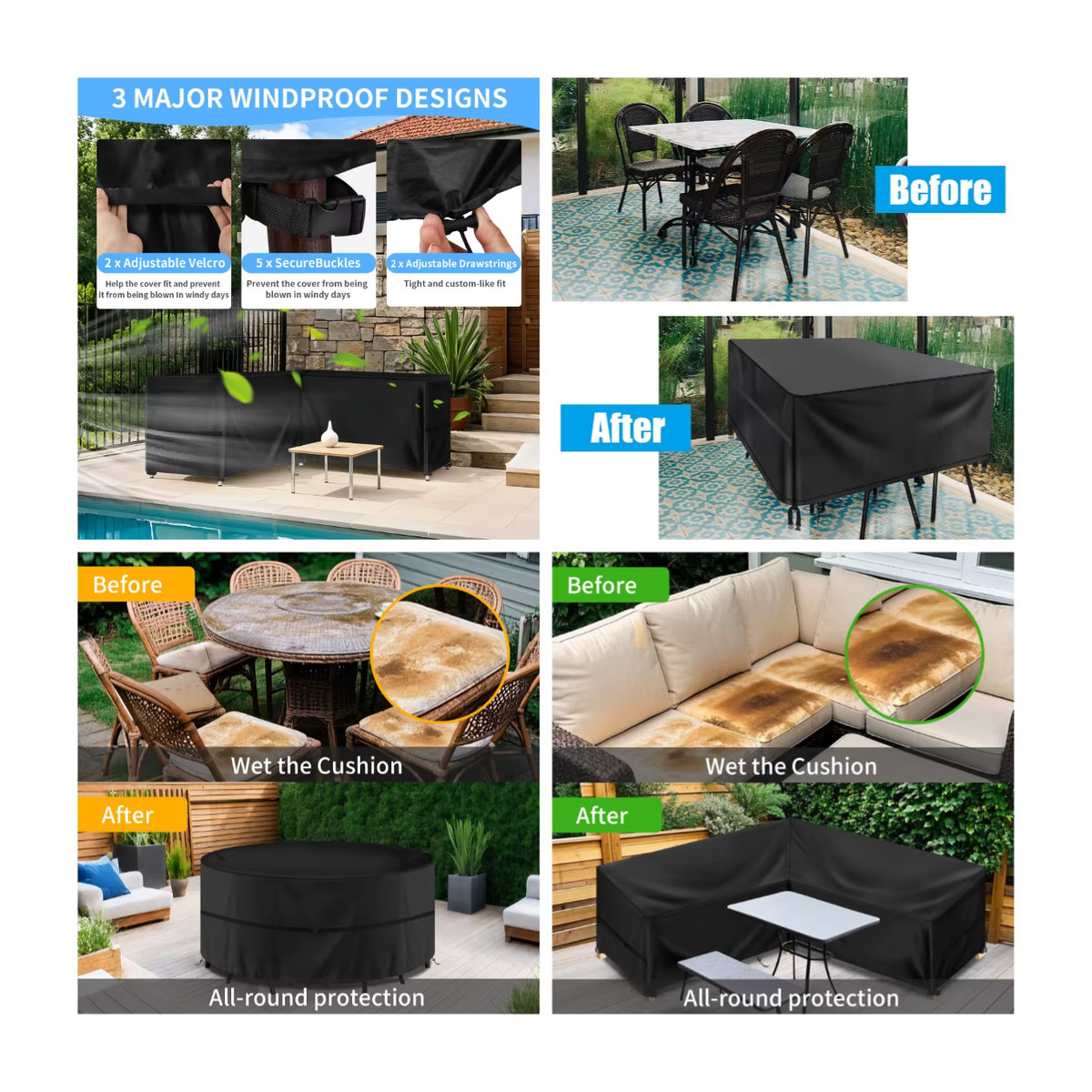 Wasserdichte und winddichte Gartenmöbelabdeckung aus 210D Oxford-Stoff mit UV-Schutz für deinen Gartentisch in Schwarz - Bild 2