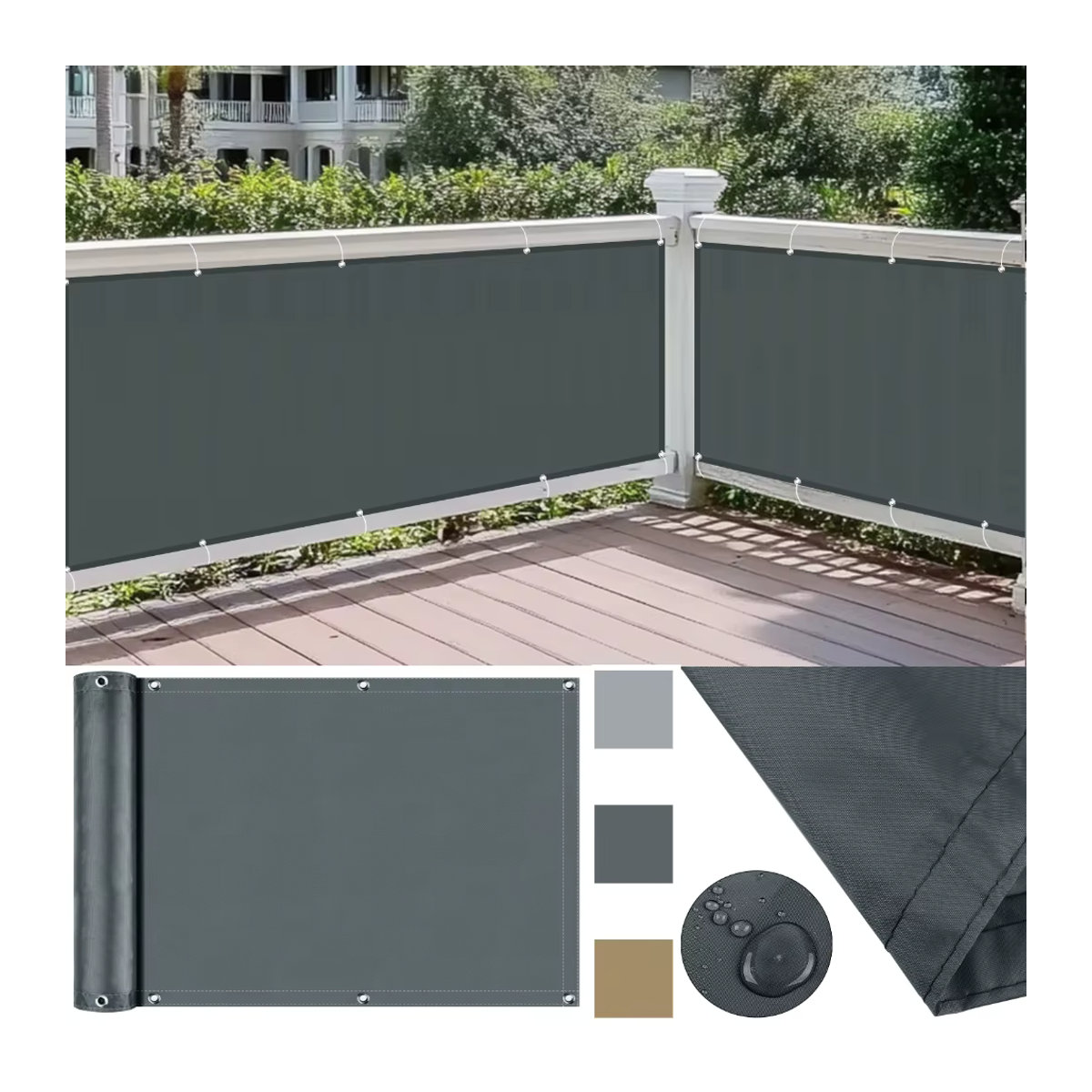 Wasserdichter Balkon-Sichtschutz und Sonnenschutznetz mit 95 % UV-Schutz in Beige oder Grau - Bild 4