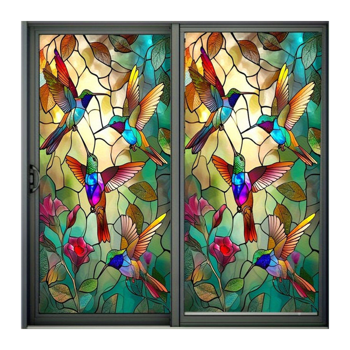 Wasserdichter Kolibri Fensterfolien Aufkleber mit floralem Design in Mehrfarbig, Elektrostatische Glasmalerei Dekoration für Privatsphäre - Bild 1