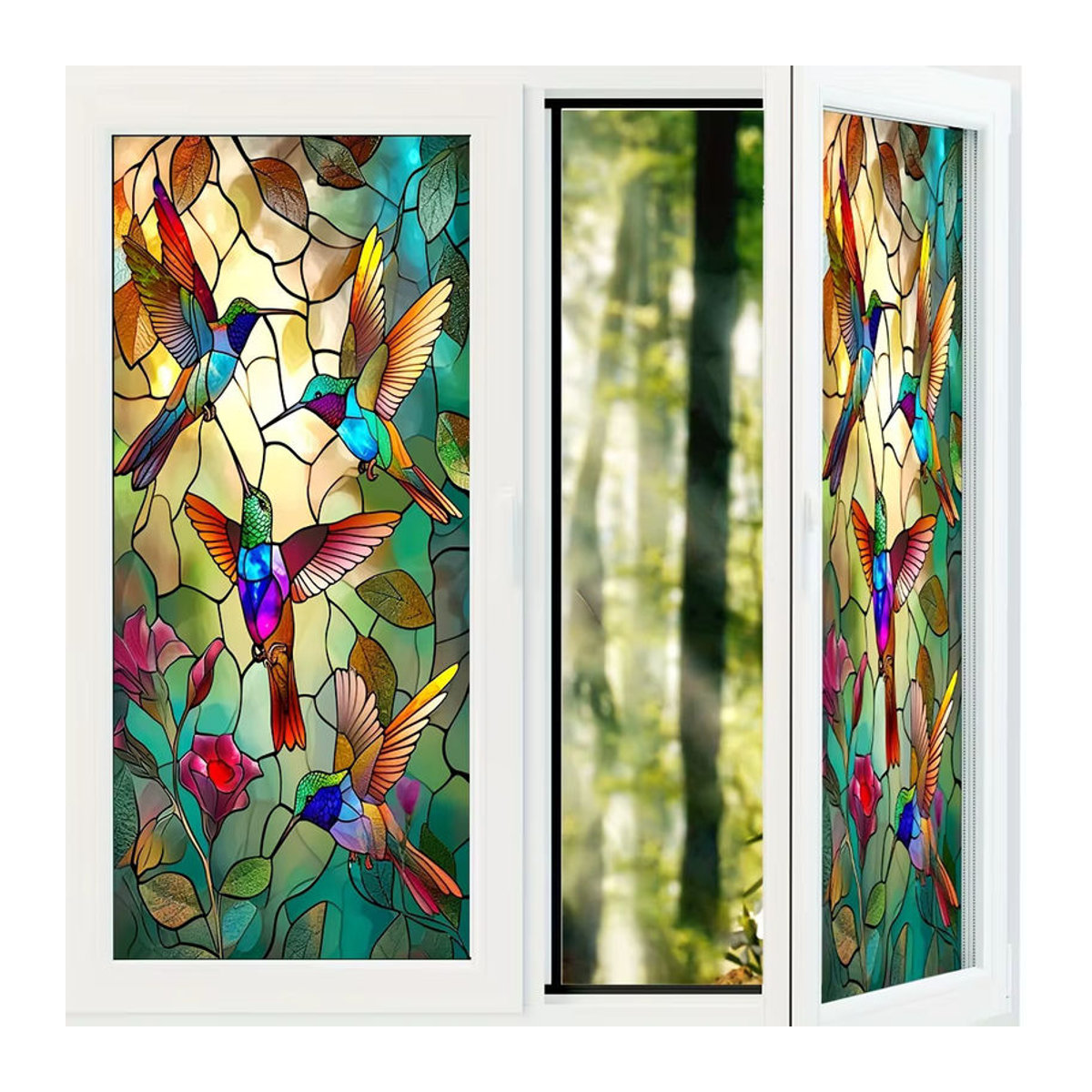 Wasserdichter Kolibri Fensterfolien Aufkleber mit floralem Design in Mehrfarbig, Elektrostatische Glasmalerei Dekoration für Privatsphäre - Bild 3