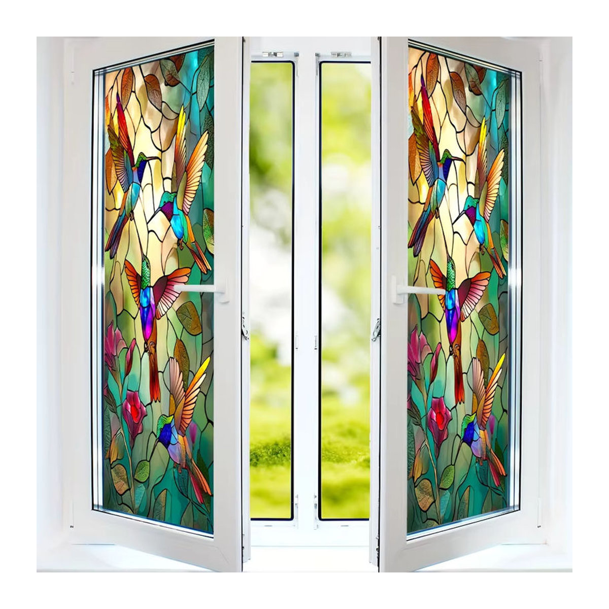 Wasserdichter Kolibri Fensterfolien Aufkleber mit floralem Design in Mehrfarbig, Elektrostatische Glasmalerei Dekoration für Privatsphäre - Bild 4