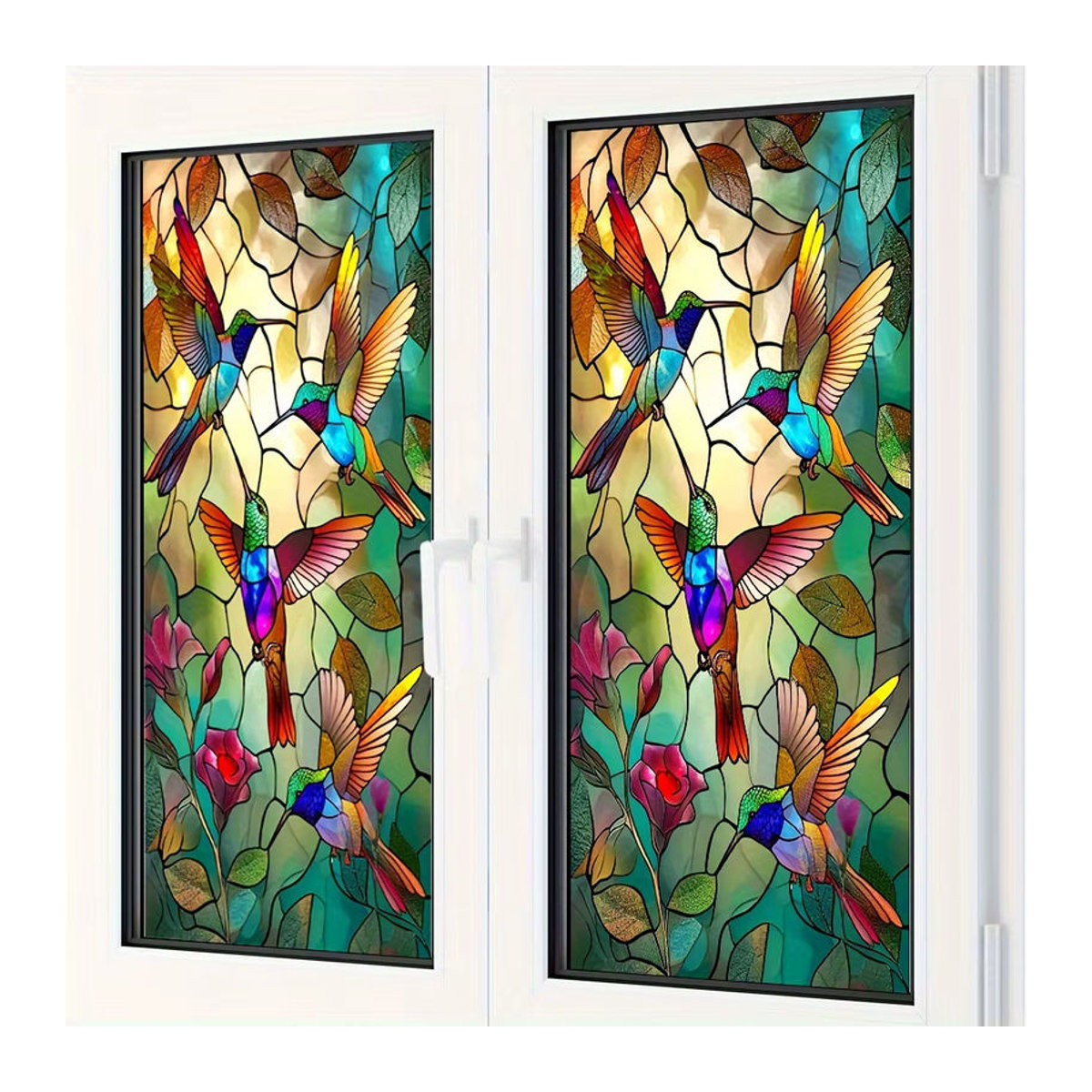 Wasserdichter Kolibri Fensterfolien Aufkleber mit floralem Design in Mehrfarbig, Elektrostatische Glasmalerei Dekoration für Privatsphäre - Bild 5