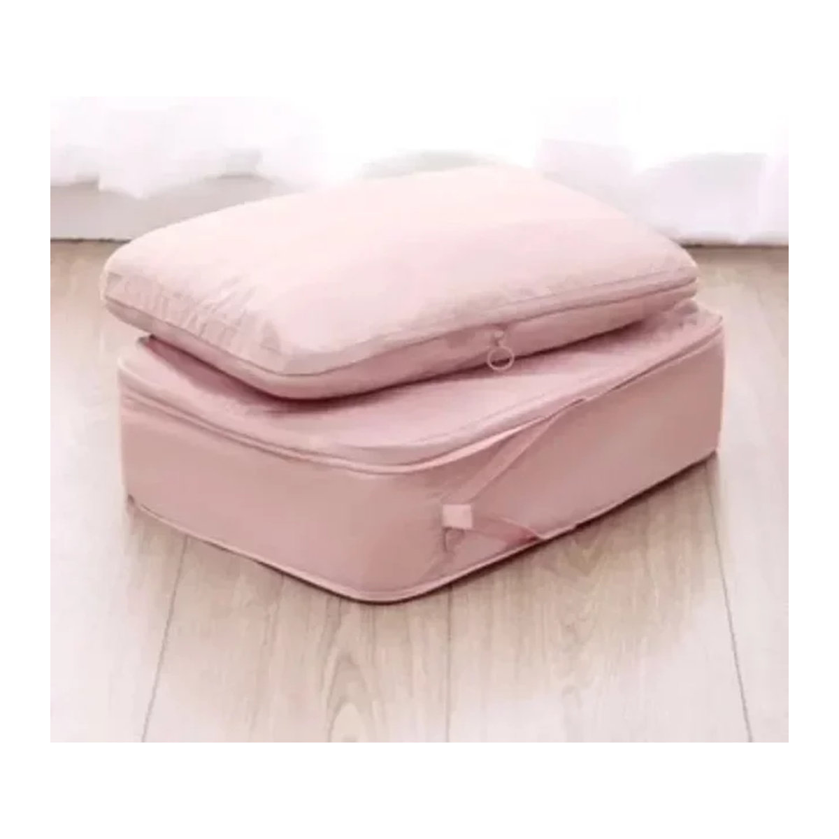 Wasserdichter Reise-Kleidungs-Organizer als Kompressions-Verpackungswürfel für Koffer und Schubladen in Grau und Rosa - Bild 1