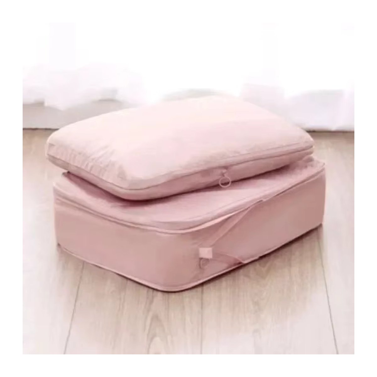 Wasserdichter Reise-Kleidungs-Organizer als Kompressions-Verpackungswürfel für Koffer und Schubladen in Grau und Rosa - Bild 4