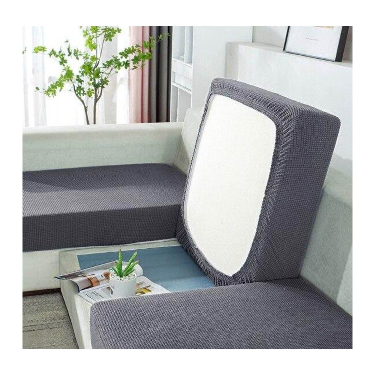 Wasserdichter Stretch-Jacquard-Kissenbezug mit Karomuster von Lucky Black Cat in Dunkelgrau für extra große Sofakissen und Möbelschutz - Bild 1
