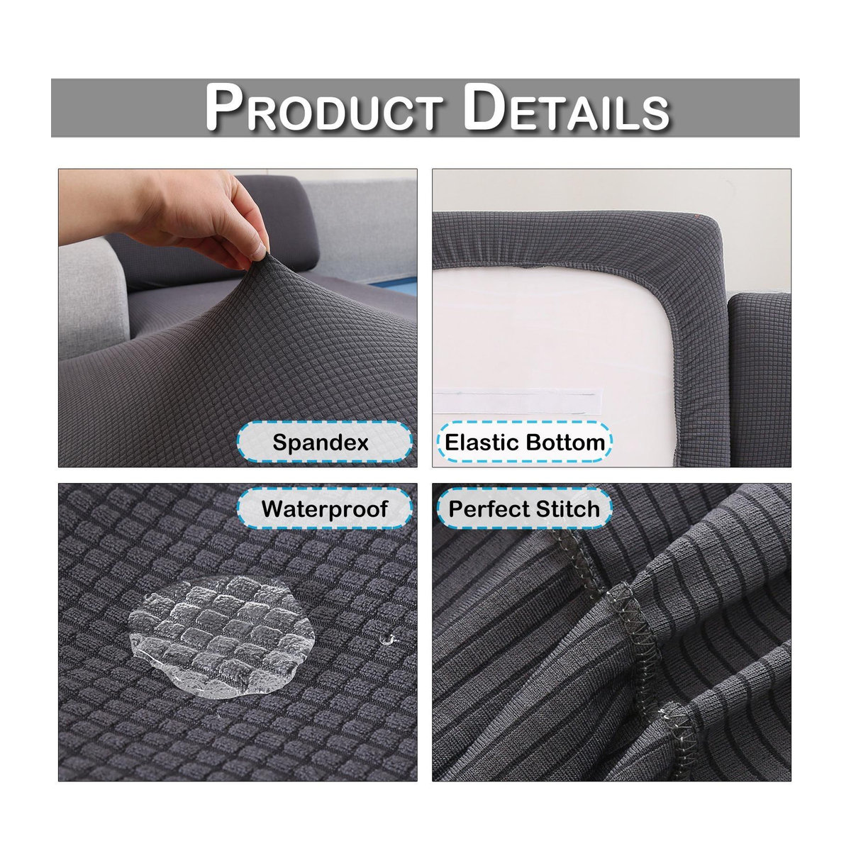 Wasserdichter Stretch-Jacquard-Kissenbezug mit Karomuster von Lucky Black Cat in Dunkelgrau für extra große Sofakissen und Möbelschutz - Bild 9