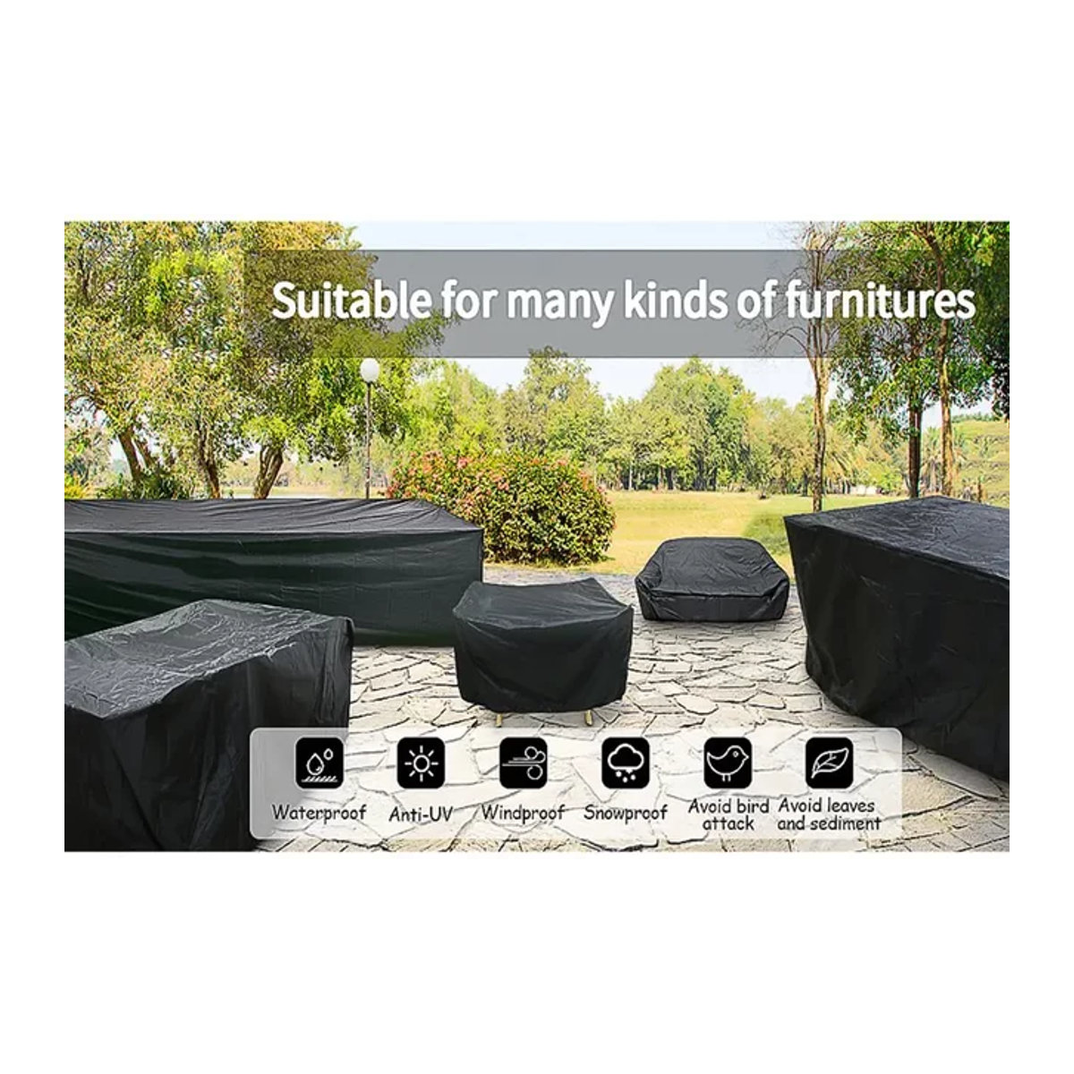 Wasserdichter und staubdichter Terrassenmöbelbezug aus Oxford-Stoff für Rattan-Tisch, Stuhl oder Sofa in Silber und Schwarz - Bild 1