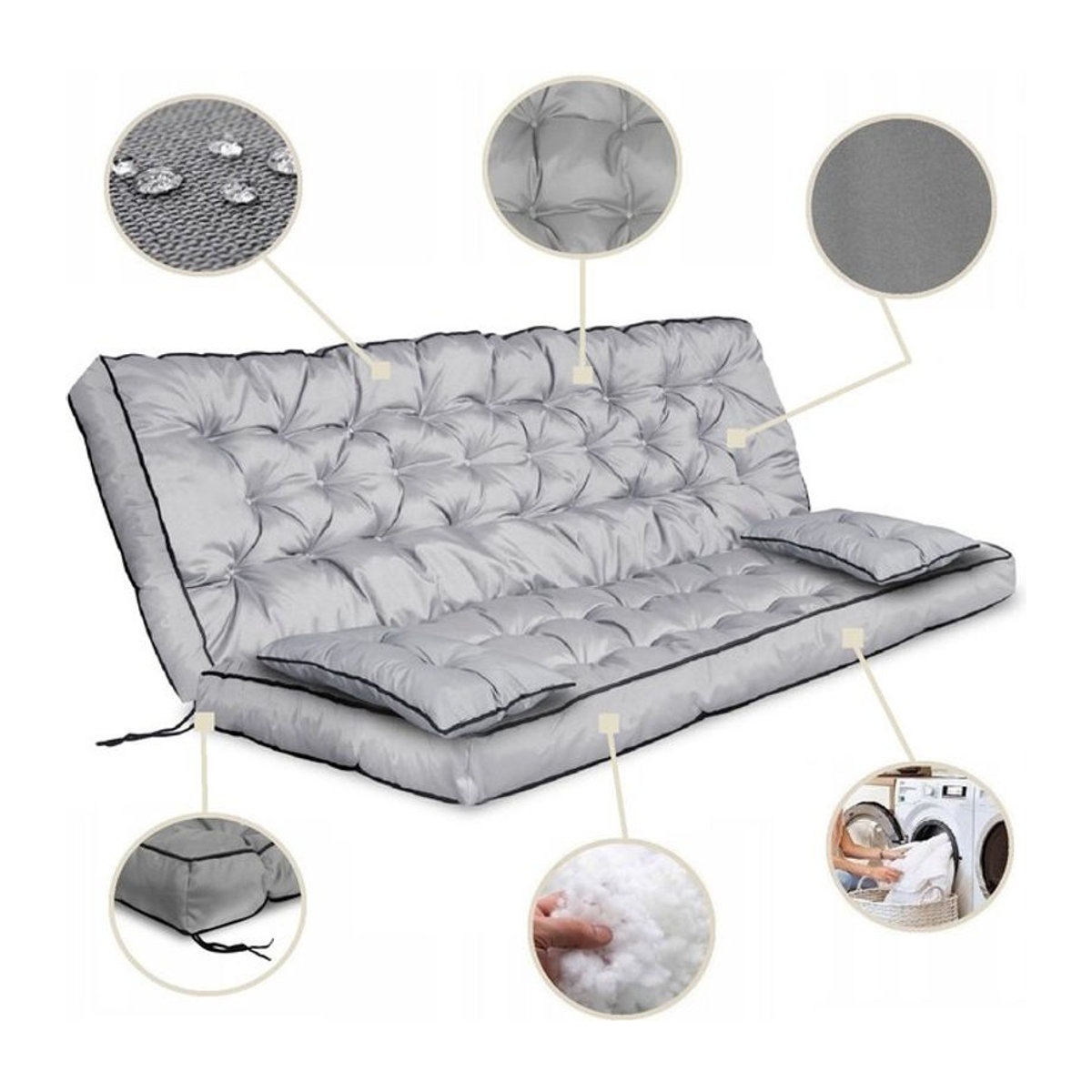 Wasserdichtes Gartenkissen-Set für Bank und Schaukel mit hoher Rückenlehne und Paspelierung sowie XL-Zusatzkissen von AIOFACTORY OGROD in Grau aus Polyester - Bild 1