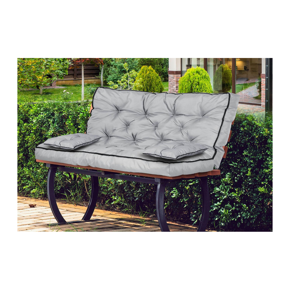 Wasserdichtes Gartenkissen-Set für Bank und Schaukel mit hoher Rückenlehne und Paspelierung sowie XL-Zusatzkissen von AIOFACTORY OGROD in Grau aus Polyester - Bild 6