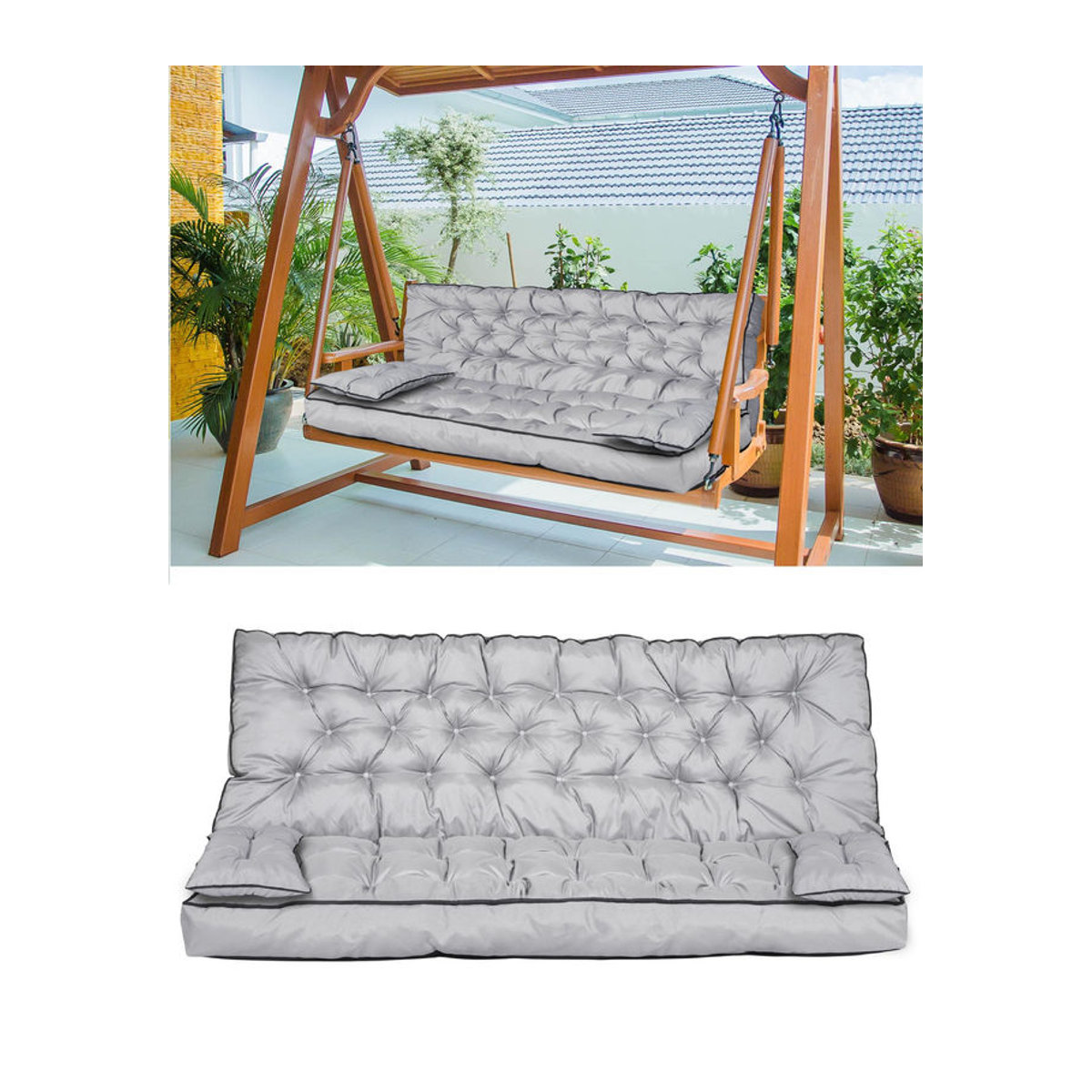 Wasserdichtes Gartenkissen-Set für Bank und Schaukel mit hoher Rückenlehne und Paspelierung sowie XL-Zusatzkissen von AIOFACTORY OGROD in Grau aus Polyester - Bild 8