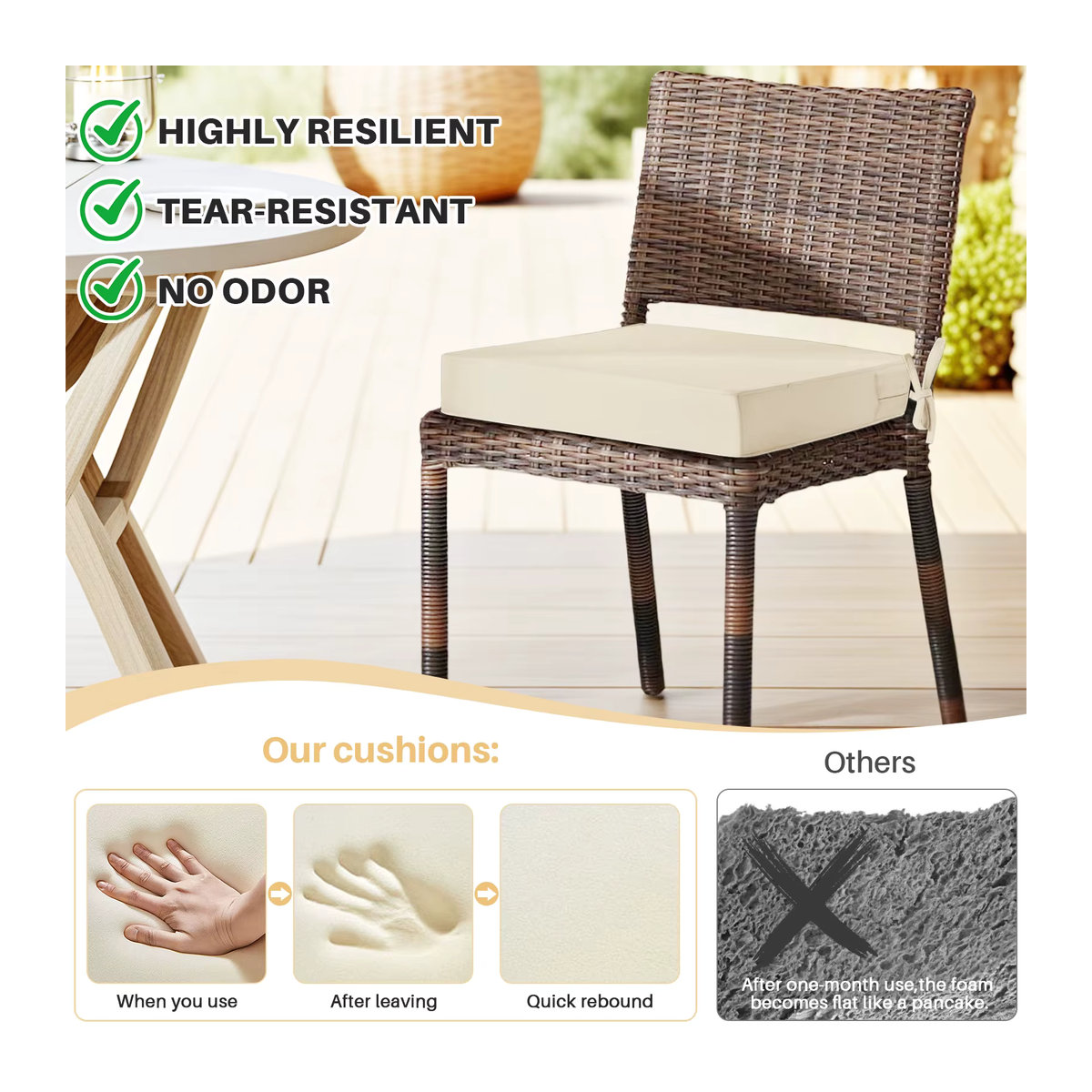 Wasserdichtes Outdoor-Sitzkissen in Quadratisch und Uni, hochelastisches Schaumstoff-Stuhlkissen für Terrassenmöbel mit abnehmbarem Bezug in Blau oder Beige - Bild 2