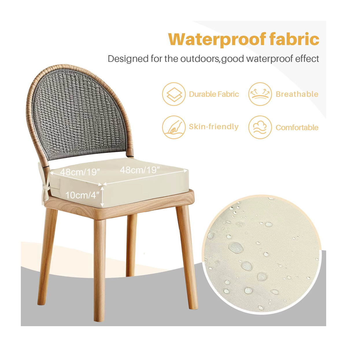 Wasserdichtes Outdoor-Sitzkissen in Quadratisch und Uni, hochelastisches Schaumstoff-Stuhlkissen für Terrassenmöbel mit abnehmbarem Bezug in Blau oder Beige - Bild 3