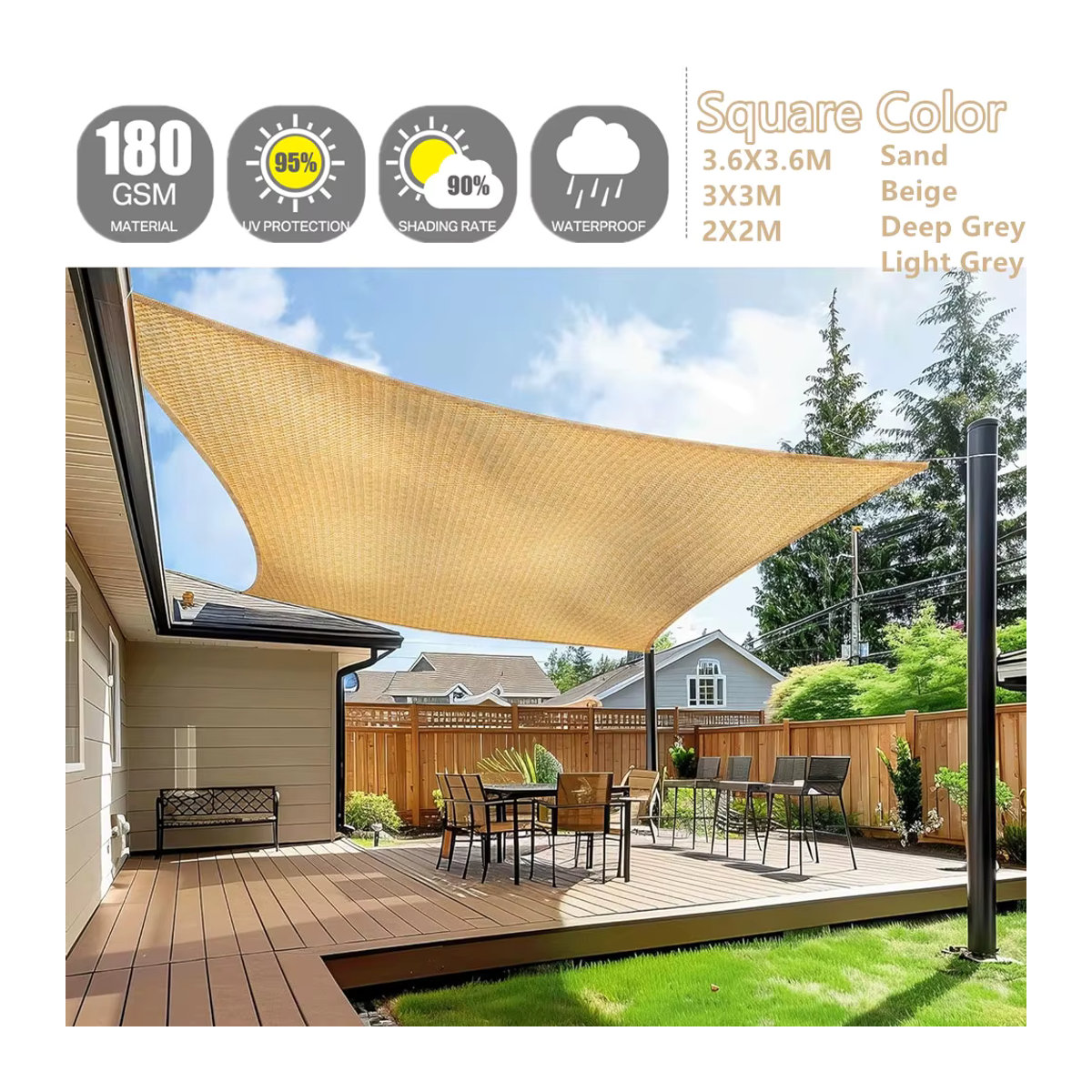 Wasserdichtes quadratisches Sonnensegel mit 98 % UV-Schutz als Markise für Garten und Camping - Bild 2