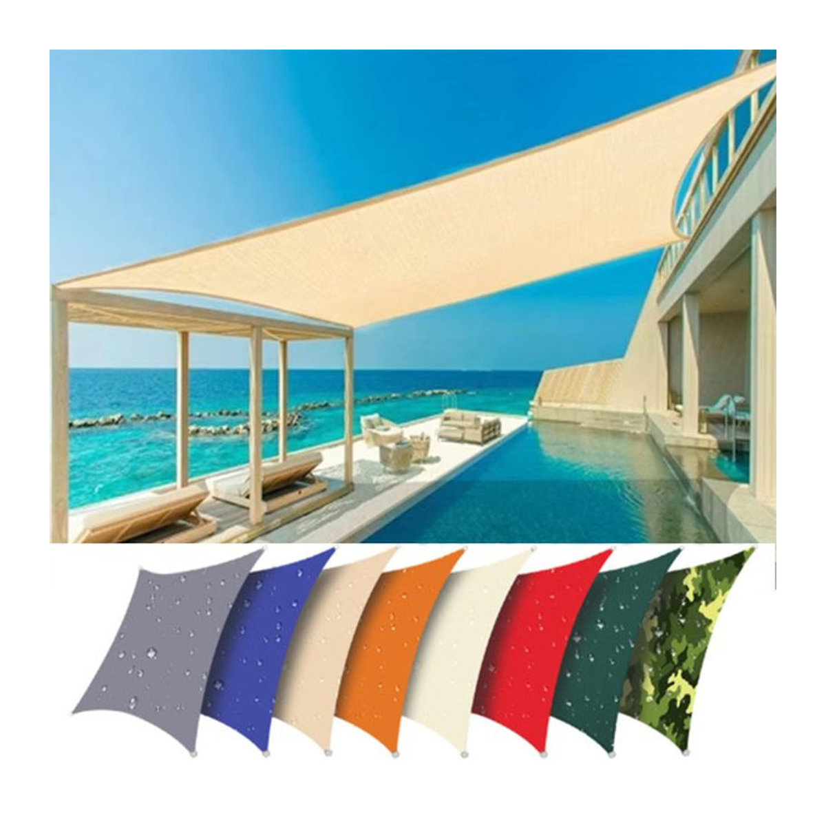 Wasserdichtes rechteckiges Sonnensegel aus Polyester in Beige und Bunt für Terrasse, Garten und Pool - Bild 1