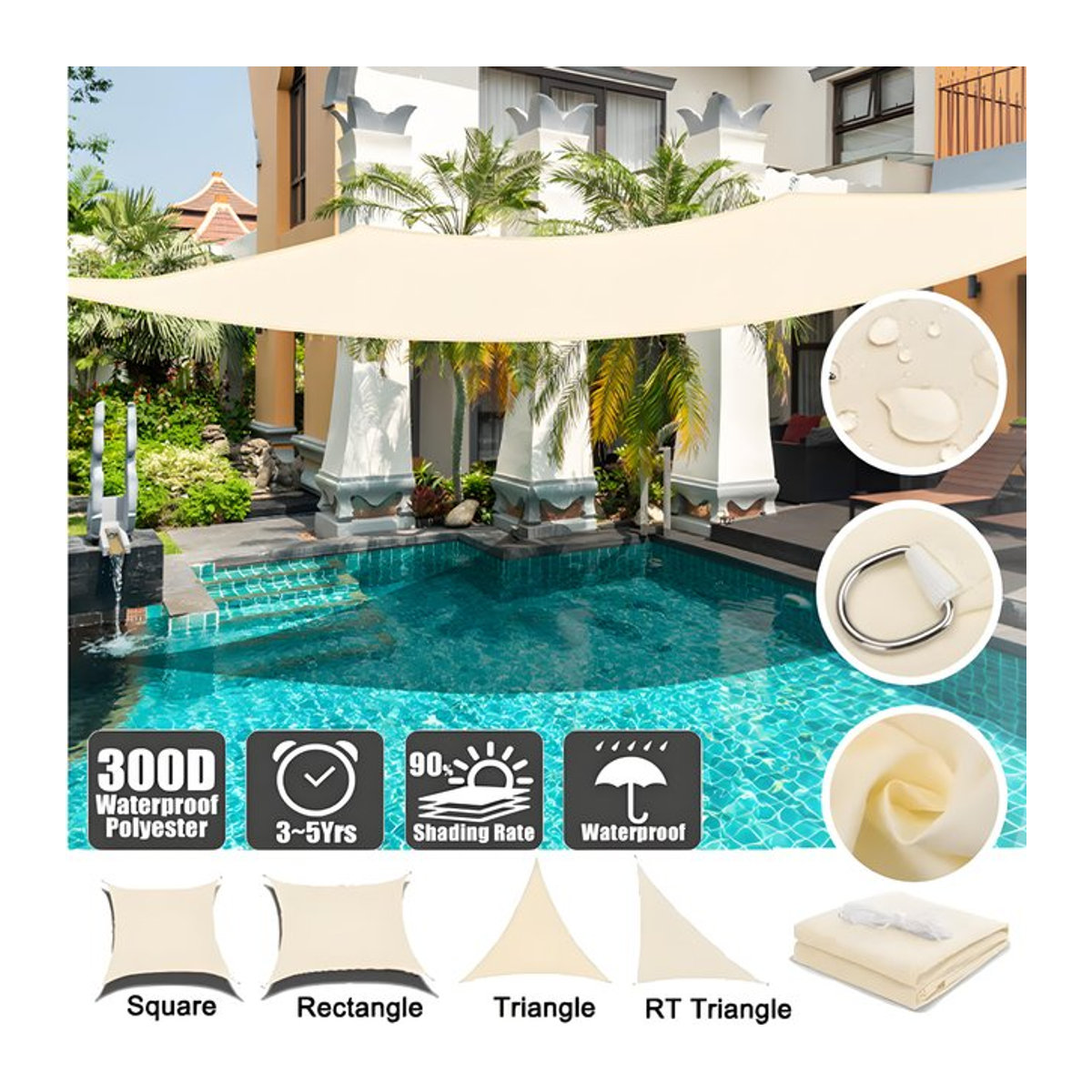 Wasserdichtes Sonnensegel in Beige für Garten und Terrasse mit 98 % UV-Schutz und inklusive Seil - Bild 1