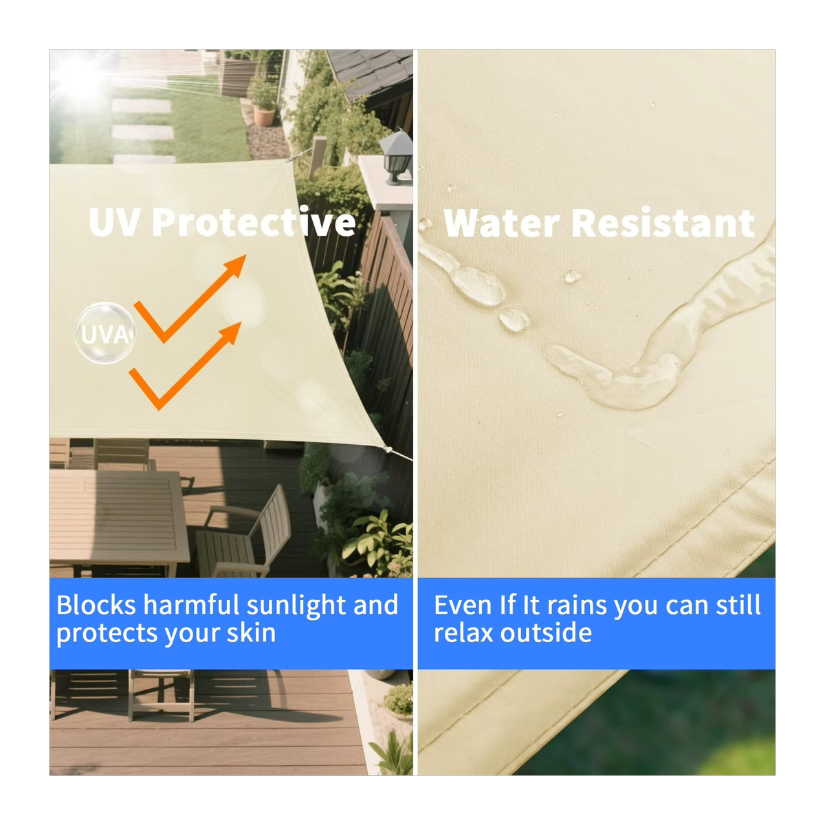 Wasserdichtes Sonnensegel in Beige für Garten und Terrasse mit 98 % UV-Schutz und inklusive Seil - Bild 2
