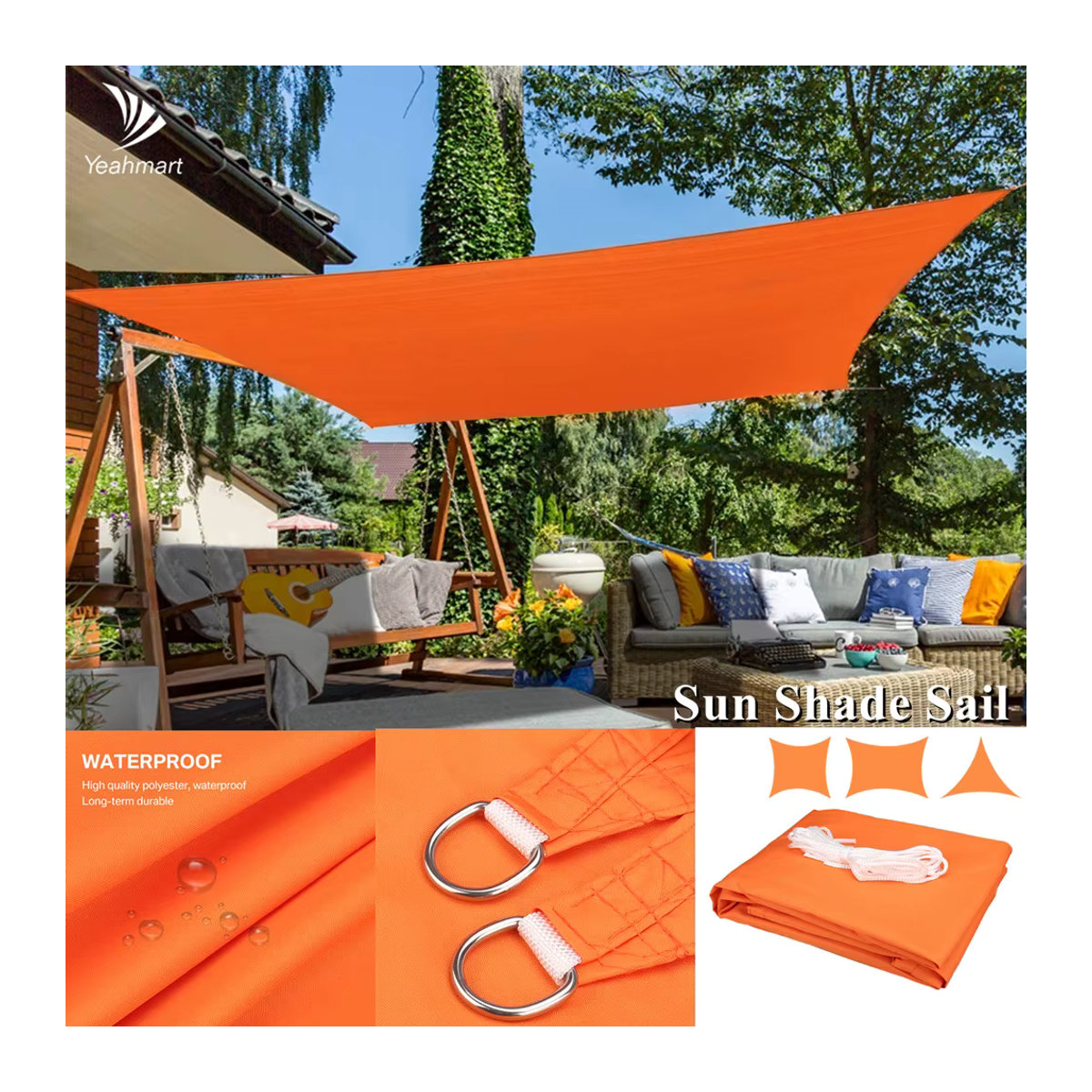 Wasserdichtes Sonnensegel in Orange für Garten, Strand und Camping - Bild 2
