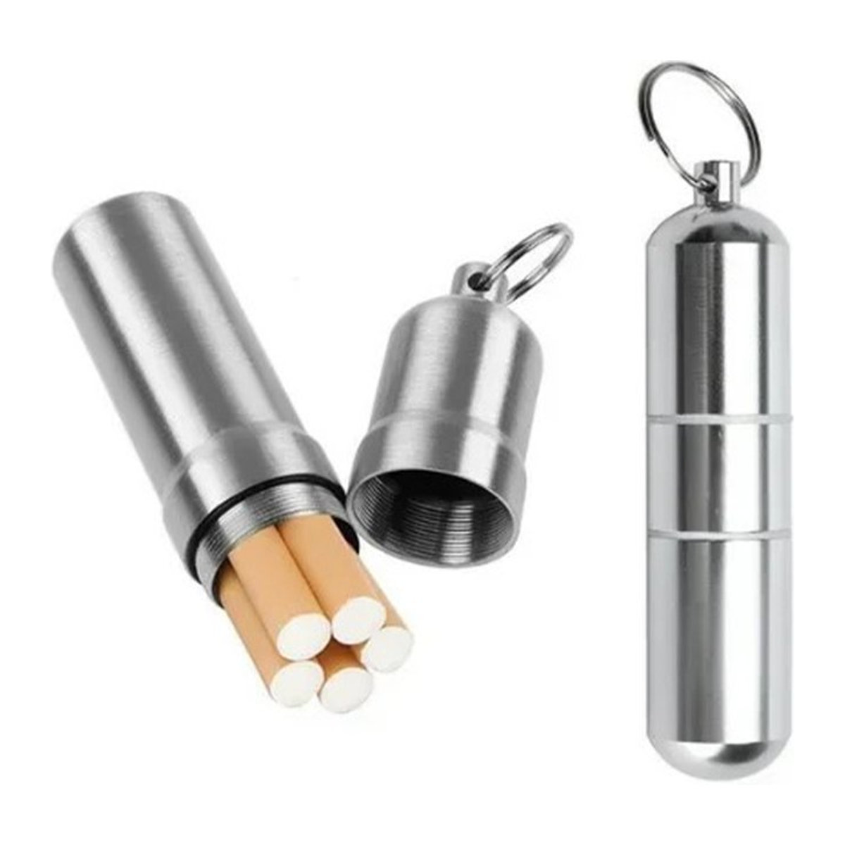 Wasserdichtes Zigarettenetui aus silberner Aluminiumlegierung mit Schlüsselanhänger als minimalistischer Kapselhalter für Zigaretten, Pillen oder Zahnstocher in Silber - Bild 1