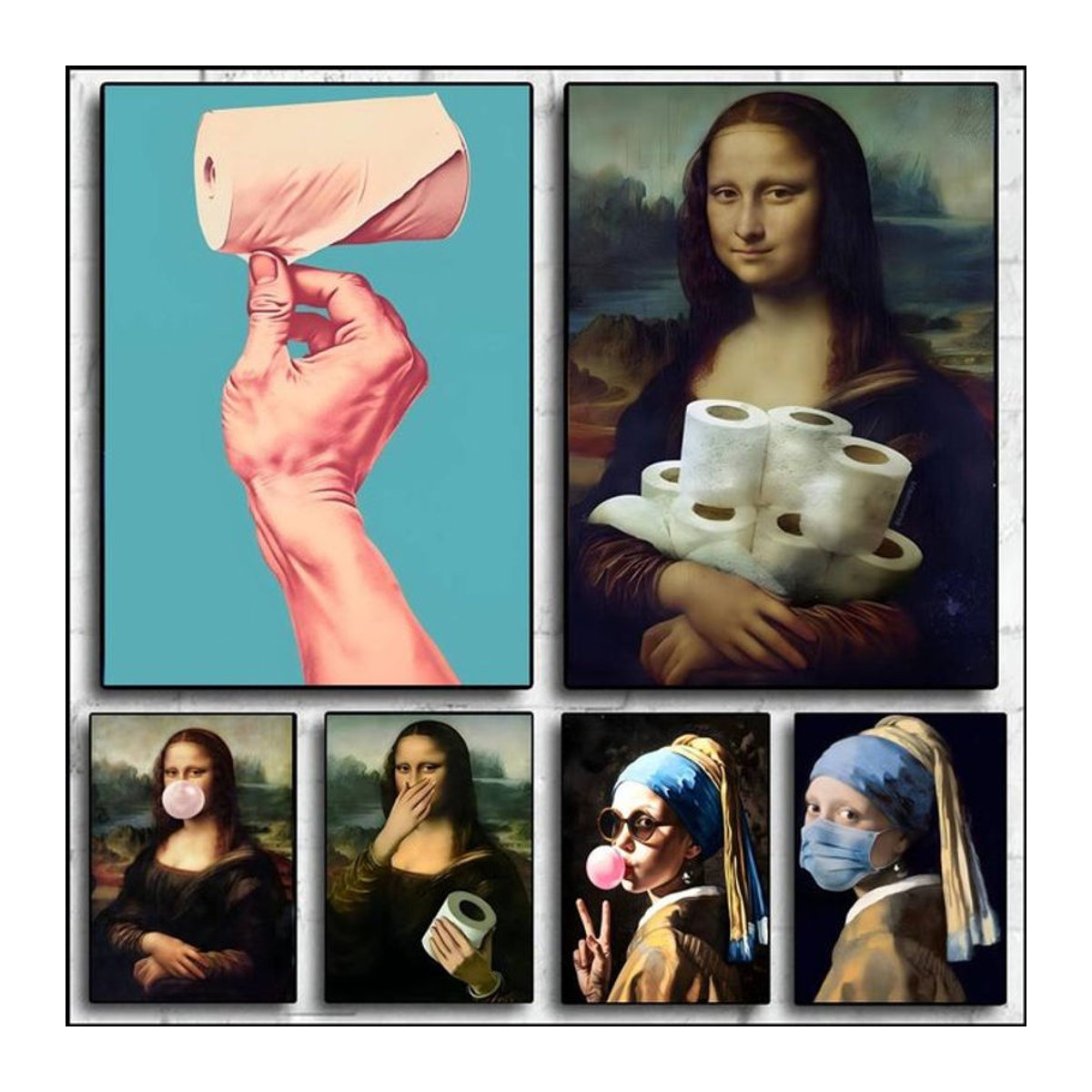 Wasserfester Wandaufkleber Mona Lisa mit Perlen und Toilettenpapier als lustige Badezimmer-Dekoration, mehrfarbig und rechteckig - Bild 1