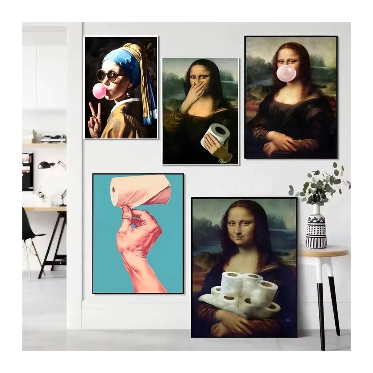 Wasserfester Wandaufkleber Mona Lisa mit Perlen und Toilettenpapier als lustige Badezimmer-Dekoration, mehrfarbig und rechteckig - Bild 2