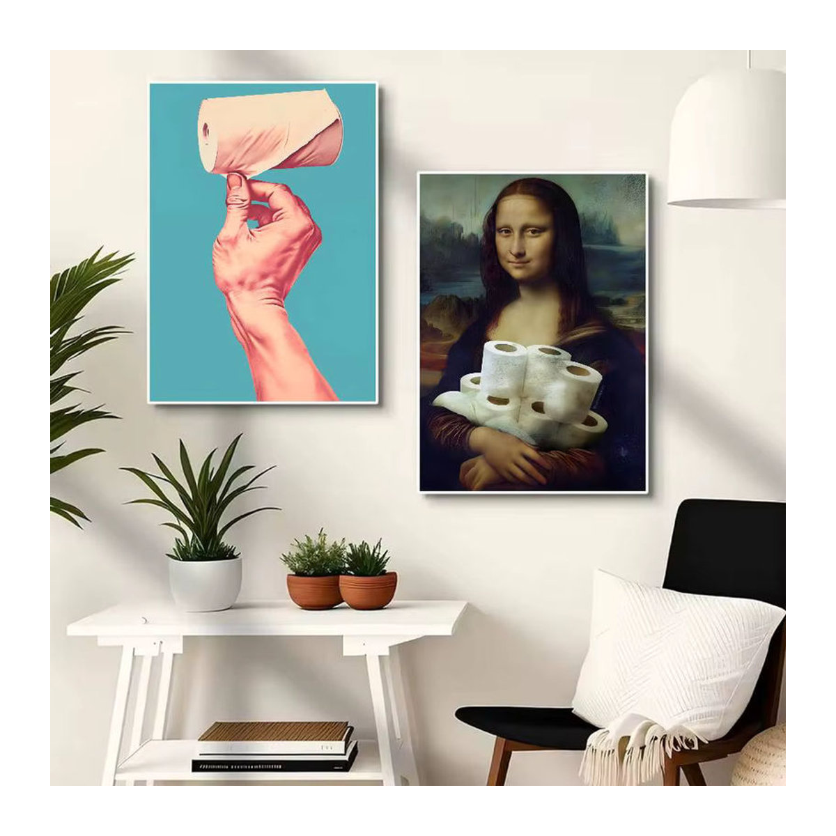 Wasserfester Wandaufkleber Mona Lisa mit Perlen und Toilettenpapier als lustige Badezimmer-Dekoration, mehrfarbig und rechteckig - Bild 4