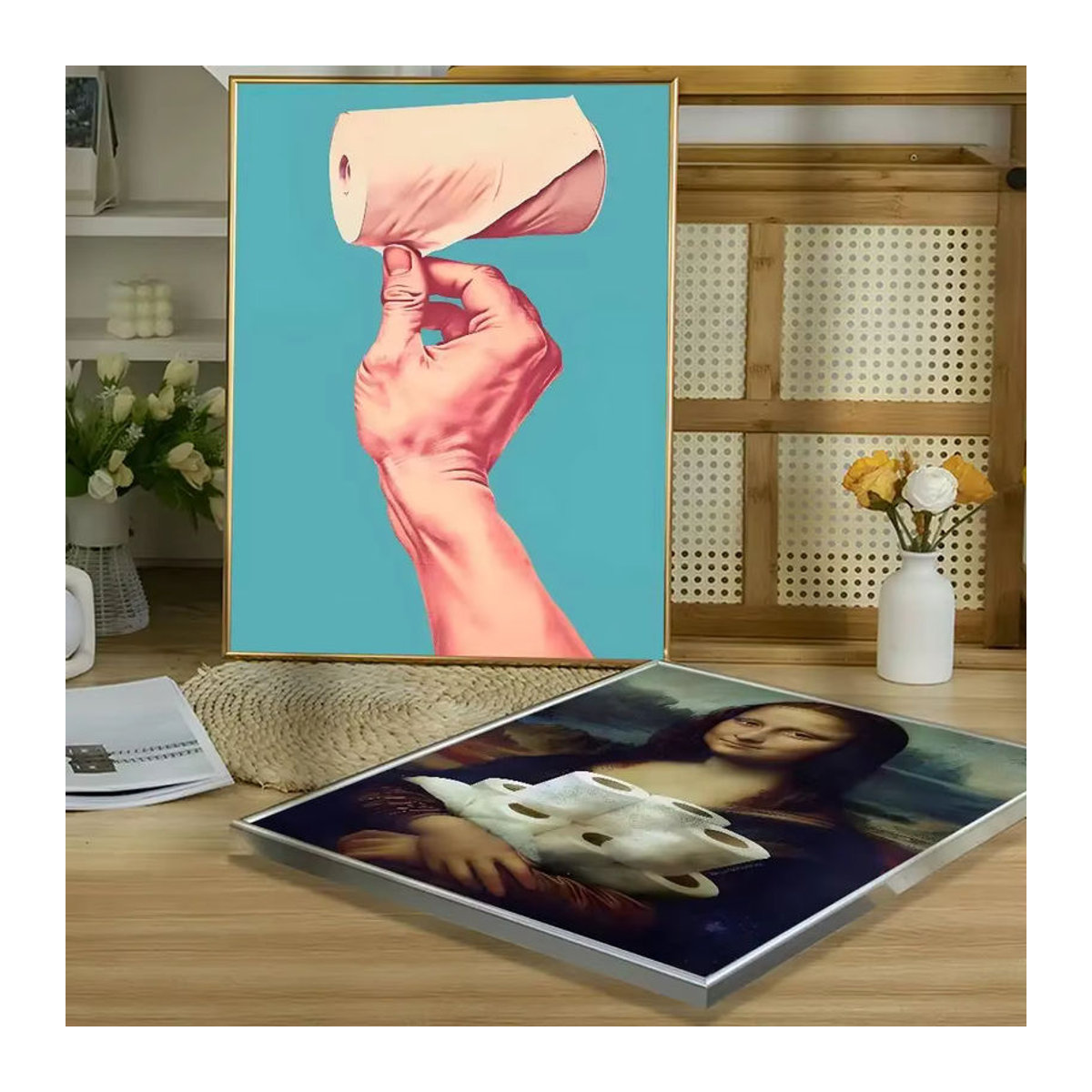Wasserfester Wandaufkleber Mona Lisa mit Perlen und Toilettenpapier als lustige Badezimmer-Dekoration, mehrfarbig und rechteckig - Bild 5