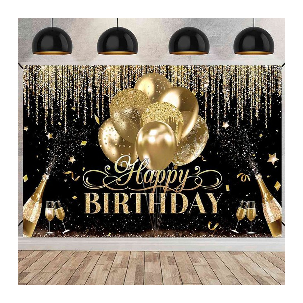 Wayfun Geburtstag Banner Schwarz Gold mit Sternen und Ballons als Party Hintergrund Dekor - Bild 1