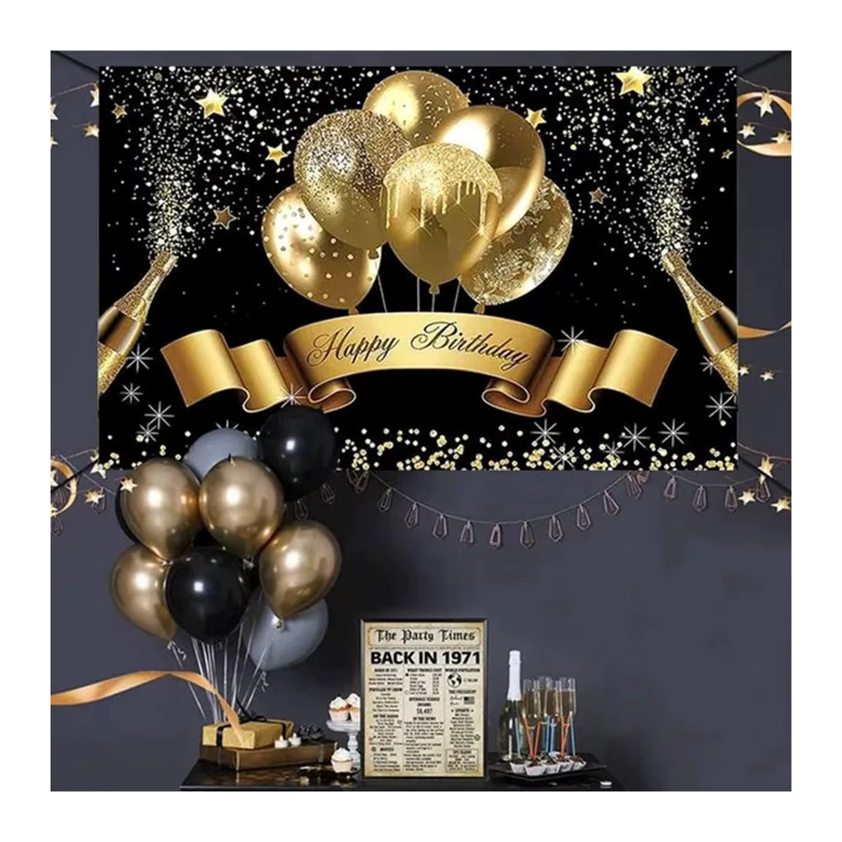 Wayfun Geburtstag Banner Schwarz Gold mit Sternen und Ballons als Party Hintergrund Dekor - Bild 2