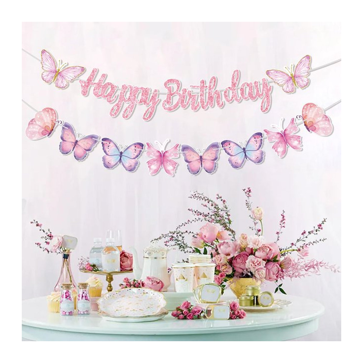 Wayfun Geburtstag Girlande Rosa mit Schmetterlingen aus Papier als hängende Partydekoration für Kinder - Bild 1