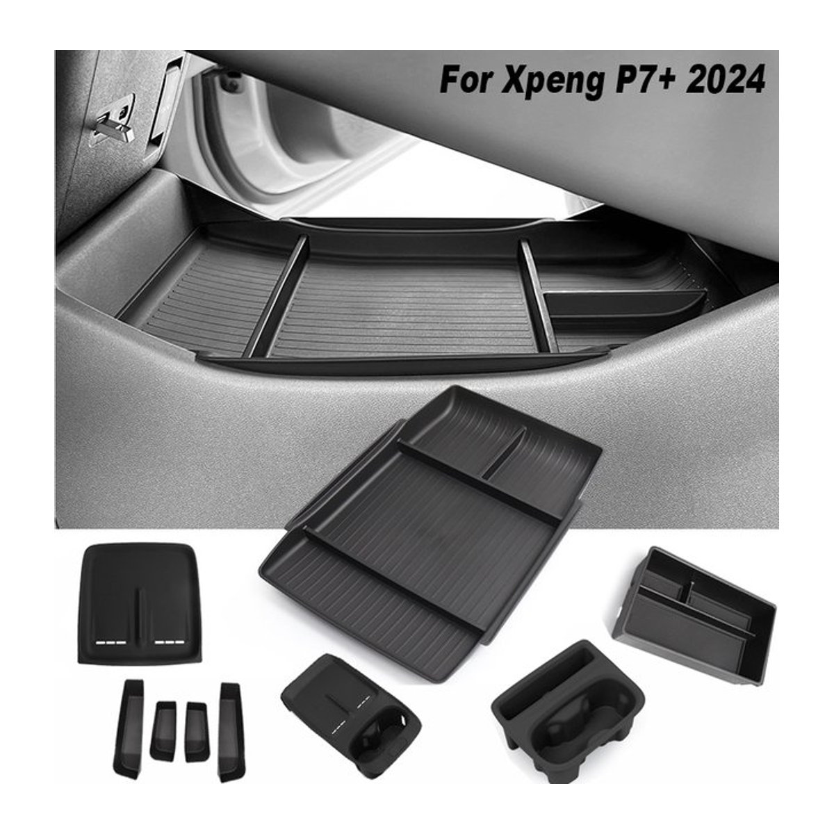 WayModGarge Aufbewahrungsbox für Xpeng P7+ 2024, Organizer für Armaturenbrett und Getränkehalter, Schwarz, TPE - Bild 1