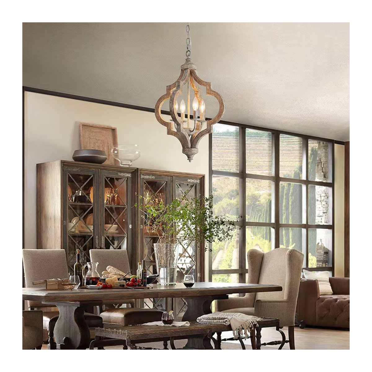 Wecus Landhaus Pendelleuchte aus Massivholz und Metall in Natur für Wohnzimmer und Esszimmer - Bild 3