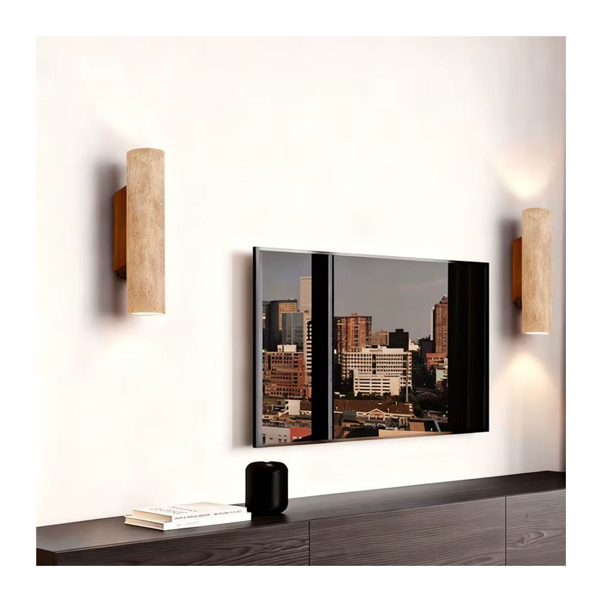 Wecus LED Wandleuchte aus gelbem Travertin Naturstein im Wabi Sabi Design für Schlafzimmer und Esszimmer - Bild 2