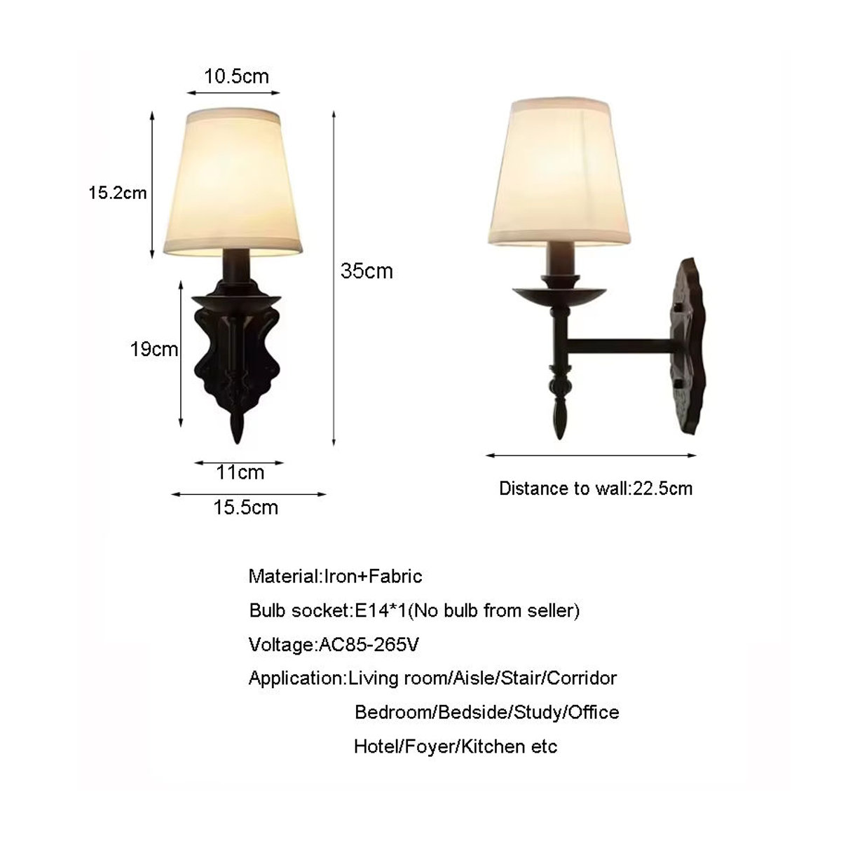 wecus Retro Wandleuchte aus schwarzem Eisen mit Stoffschirm und E14 Fassung - Bild 1
