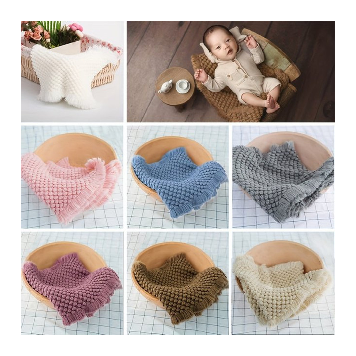 Weiche Häkeldecke für Neugeborenen-Fotoshootings als Fotorequisite und Hintergrund in Grau und Mehrfarbig - Bild 1