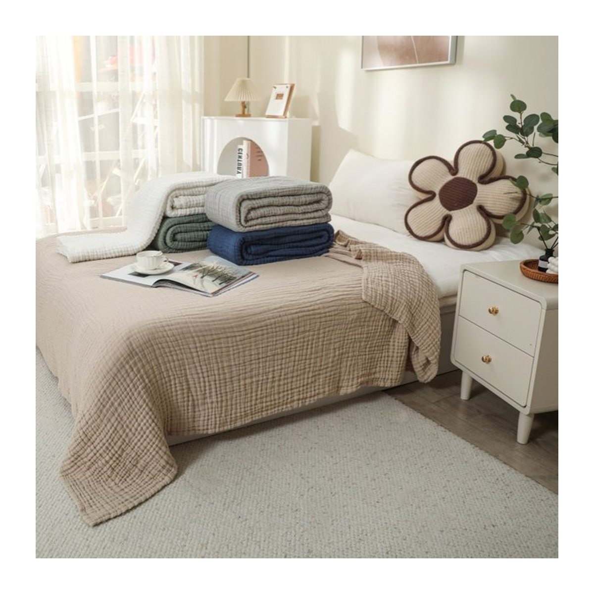 Weiche Musselin Baby Decke aus 6-lagiger Baumwolle Gaze in Weiß oder Beige, B/B: 150 x 200 cm - Bild 1