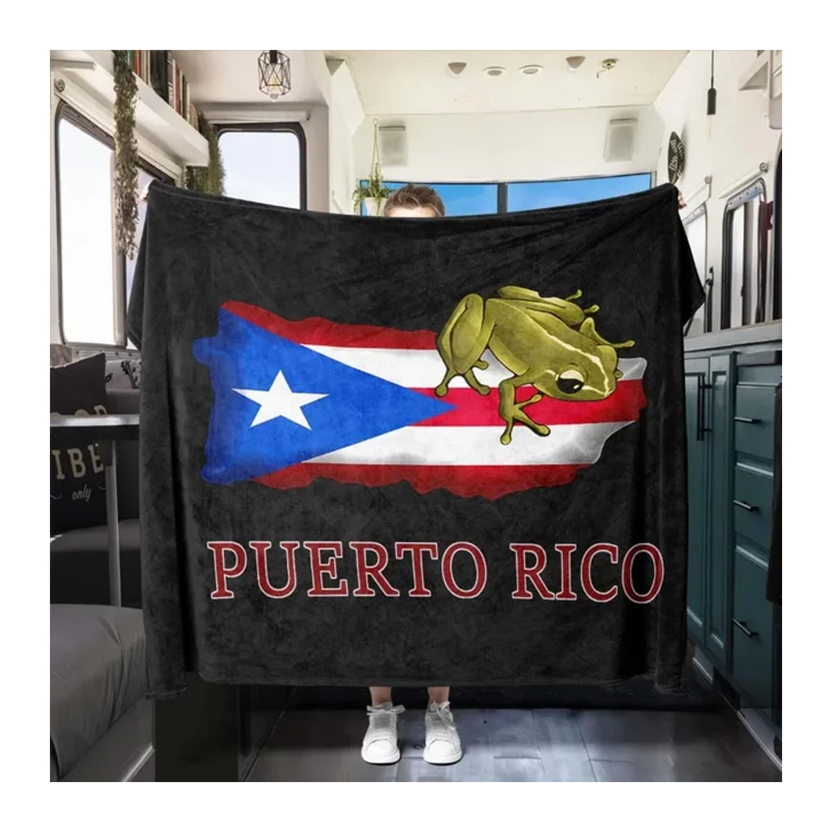 Weiche und warme Flanell-Decke mit Puerto Rico Flagge und Coqui-Frosch-Muster für Auto, Wohnmobil und Reisen - Bild 1