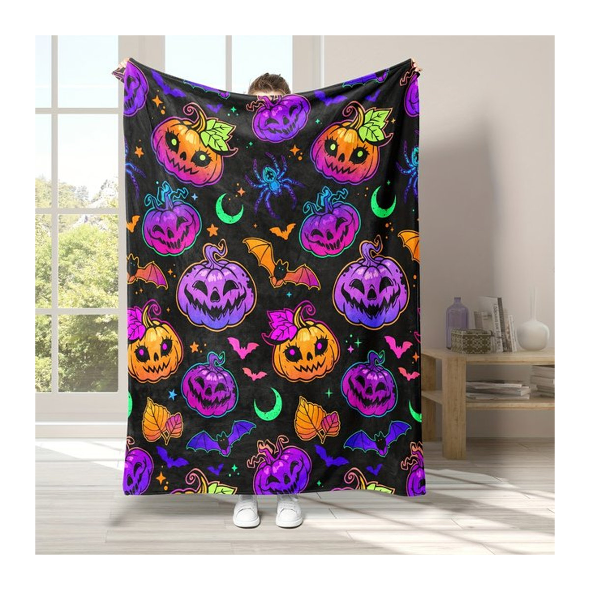 Weiche warme Halloween-Decke mit Kürbis, Fledermaus, Spinne und Mond Motiv für Couch, Büro oder Camping - Bild 1