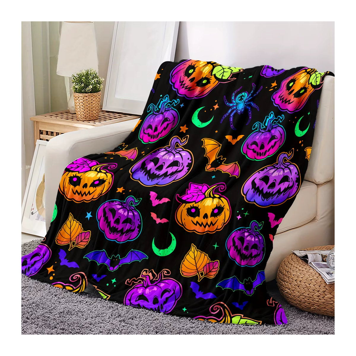 Weiche warme Halloween-Decke mit Kürbis, Fledermaus, Spinne und Mond Motiv für Couch, Büro oder Camping - Bild 2