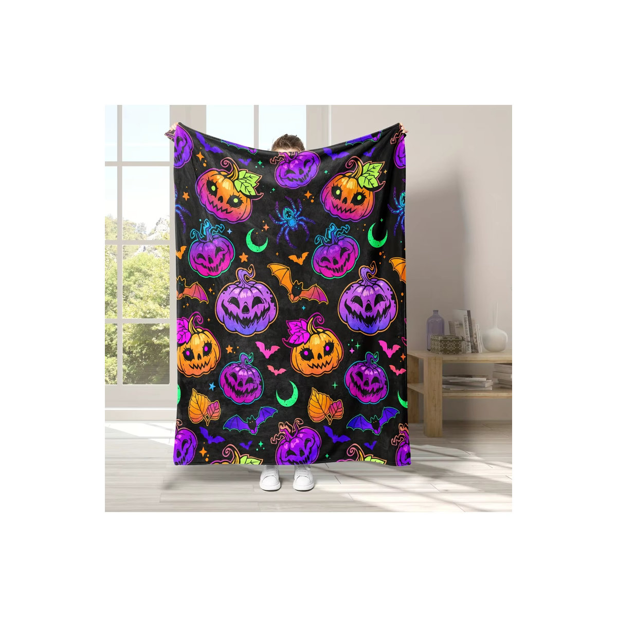 Weiche warme Halloween-Decke mit Kürbis, Fledermaus, Spinne und Mond Motiv für Couch, Büro oder Camping - Bild 4