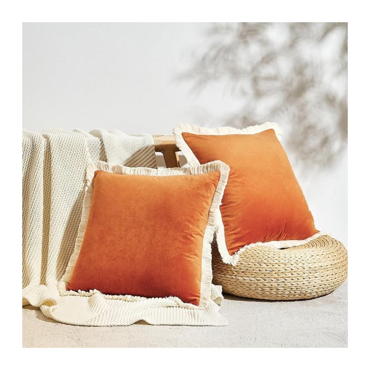 Weicher Samt-Dekorationskissenbezug mit gelben Quasten und Fransen in Orange, Elfenbein oder Waldgrün, B/B/B: 46 x 46 cm, 51 x 51 cm oder 61 x 61 cm - Bild 1