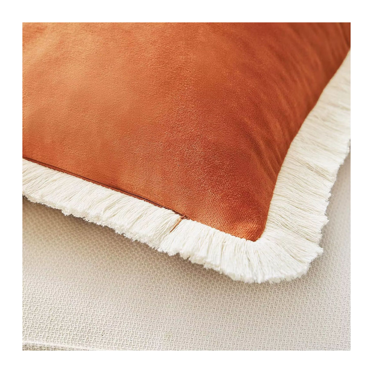 Weicher Samt-Dekorationskissenbezug mit gelben Quasten und Fransen in Orange, Elfenbein oder Waldgrün, B/B/B: 46 x 46 cm, 51 x 51 cm oder 61 x 61 cm - Bild 2