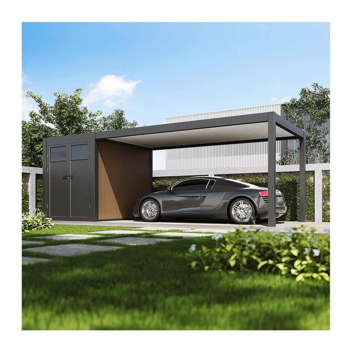 Weide Carport aus Aluminium mit Schuppen in Anthrazit B: 7,2 m, T: 3 m - Bild 1